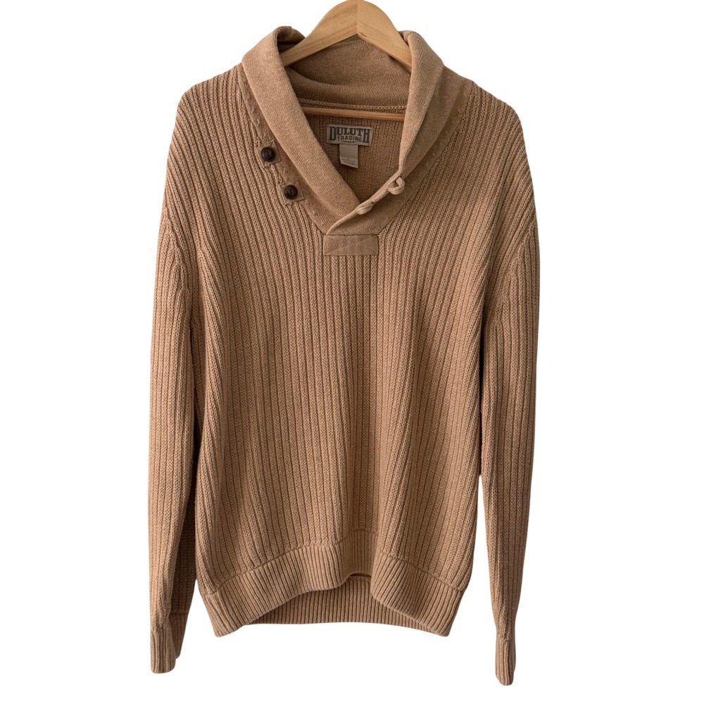 Duluth Trading‎ Co Shawl Collar Sweater Mens L Tan Excellent Cotton Wool Ribbed